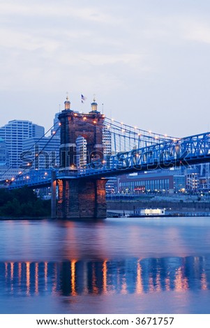 Buildings in downtown Cincinnati and the Roebling Suspension Bridge over the Ohio River.