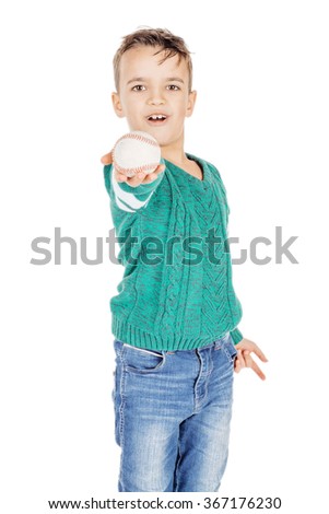 young happy boy with wooden baseball ball isolated on white background.