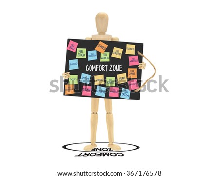 Wood Mannequin holding Comfort Zone Post it notes (Fear, Stuck, Excuses, Insecure, Hopeless, Depressed, Self Critical, Complacent, Anxiety, Isolated, Lonely, Unhappy, Worried, Self Doubt) blackboard