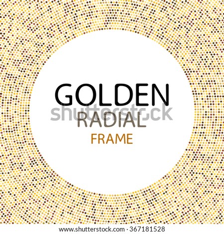 Vector gold disco lights frame or spangles round frame with empty center for text. Gold circle made of tiny uneven dots abstract background. Golden blobs textured round frame on black backdrop.