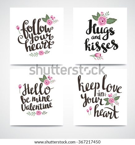 Set of trendy hipster Valentine Cards. Hand drawn vector backgrounds. Set of Valentine's calligraphic headlines