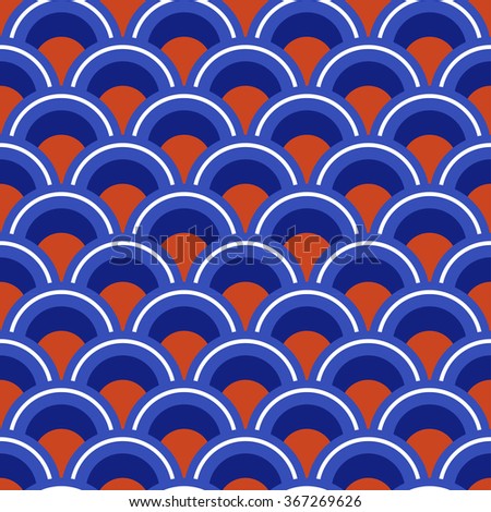 Fish-scales Seamless pattern. Korean traditional ornament. Abstract colorful orange and blue oriental Background. Half-circle backdrop. Geometric Grid. Vector Illustration.