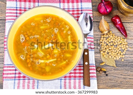 Healthy and Diet Food: Soup with Lentils. Studio Photo