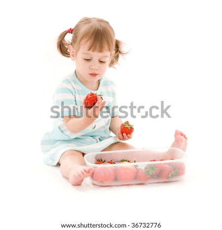 picture of little girl with strawberry over white