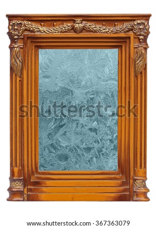 Icy pattern on window glass in vintage frame