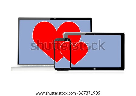set of electronic devices with heart on screens, isolated on white background
