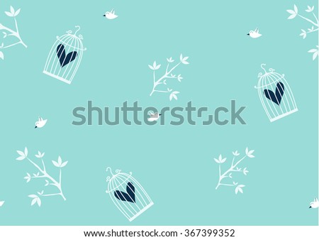 Nature Pattern with birds and bird cage , seamless pattern