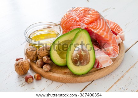 Selection of healthy fat sources, copy space Royalty-Free Stock Photo #367400354