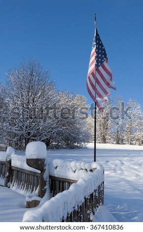 tattered American flag in a snowy landscape