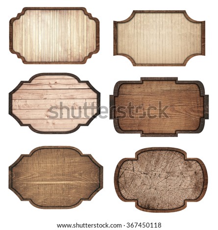Set of brown wooden signboard, planks and dark frames are isolated on white background