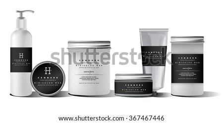 Realistic white cosmetic cream container and tube for cream, ointment, toothpaste, lotion Mock up bottle. Gel, powder, balsam, with design label. Soap pump. Containers for bulk mixtures.  Royalty-Free Stock Photo #367467446