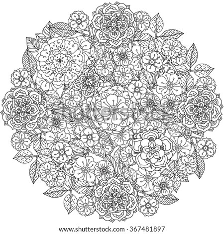 Floral ornament. Art mandala style.  Black and white background. Could be use  for coloring book  in zentangle style. 