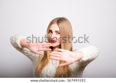blonde girl showing stop isolated