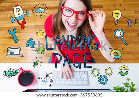 Landing Page concept with young woman wearing red glasses in her home office