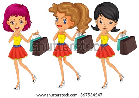Three women with shopping bags illustration