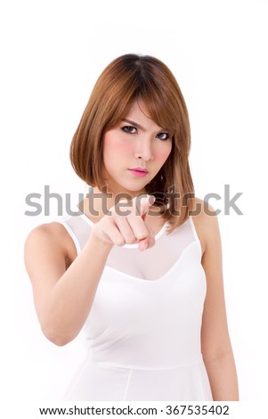 angry, displeased woman pointing at you