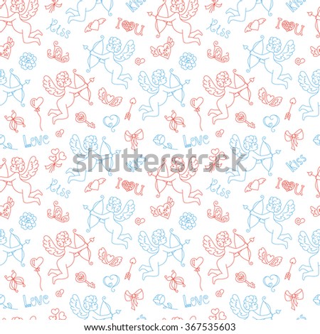 
Cute cartoon angel with bow and arrow. Doodle design elements Valentine's Day. Heart, wings, crown, butterfly, bow, key, bird, gift, love, a flower, a kiss. Seamless pattern vector illustration.