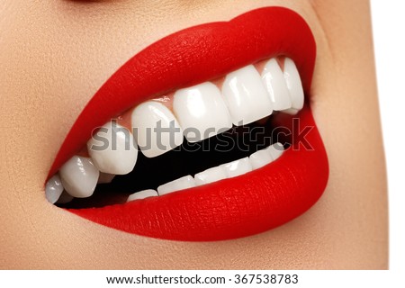 Perfect smile after bleaching. Dental care and whitening teeth. Stomatology and beauty care. Woman smiling with great teeth. Cheerful female smile with fresh clear skin Royalty-Free Stock Photo #367538783