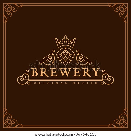 Flourishes ornament template with hop and crown for logos, labels, emblems for beer house, bar, pub, brewing company, brewery, tavern. Vector illustration.