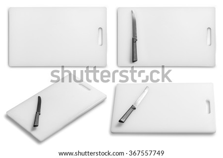 Collection of Cutting board and kitchen knife on a white background Royalty-Free Stock Photo #367557749