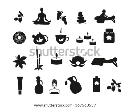 Spa massage black and white  icons. Silhouette spa clip art icons set. Spa black icons  Spa facial, spa treatment icons. Health-care, yoga, spa logo, wellness black icons, symbols.