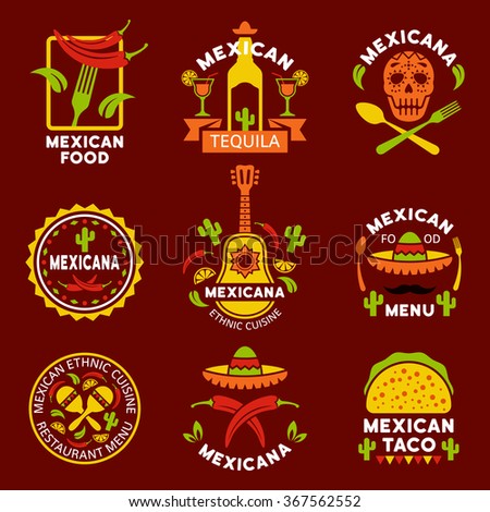 Mexican ethnic cuisine logos, labels, emblems and badges, set of vector design elements
