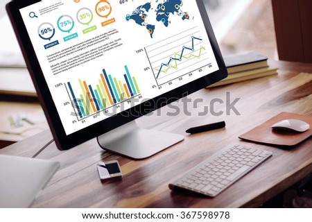 A monitor showing business graphic charts on a work station desk.