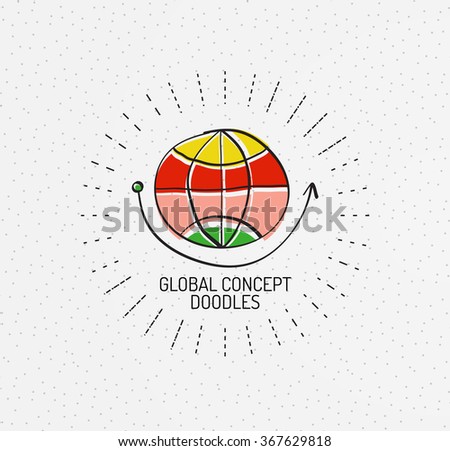 Vector multicolored hand-drawn doodles, icon, stamp. Globe