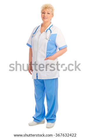 Smiling mature doctor with stethoscope isolated
