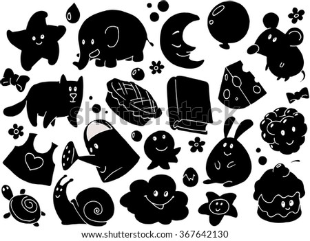 Set of funny cartoon doodle illustrations in black silhouette