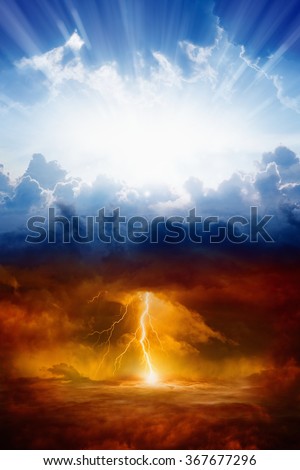 Religious background - heaven and hell, good and evil, light and darkness Royalty-Free Stock Photo #367677296