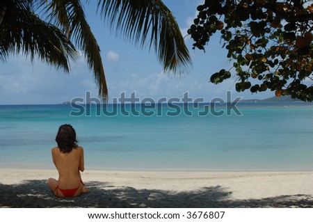 woman sitting on a tropical beach facing the ocean