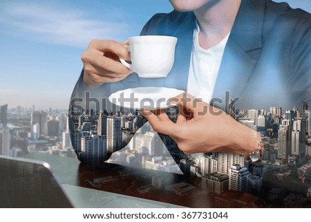Double exposure of business woman drink a coffee, tea and cityscape on daytime.