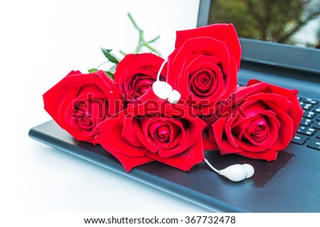 Roses and computer notebook on white background, Valentine's Day concept.