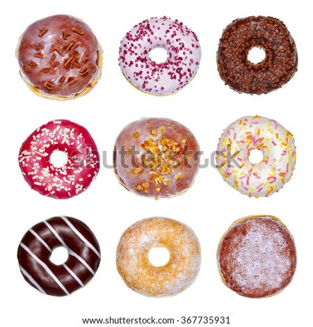 Set of nine different doughnuts isolated on white background Royalty-Free Stock Photo #367735931