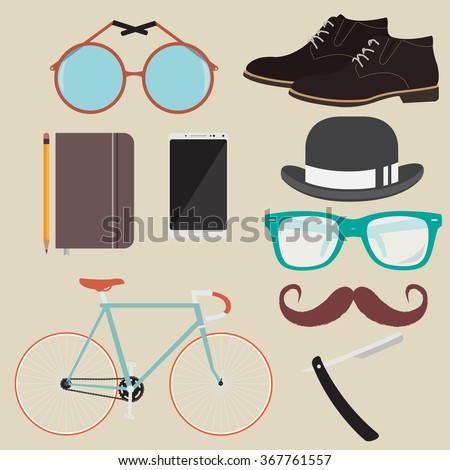 Hipster. shoes. hat. glasses. moustache. bike. vintage. stock. vector