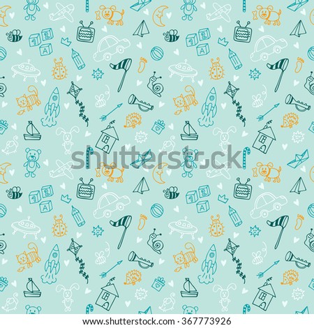 Hand drawn children drawings color seamless pattern. Doodle children drawing background. Background for cute little boys. Vector illustration
