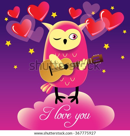 Cute owl guitar player. Night sky