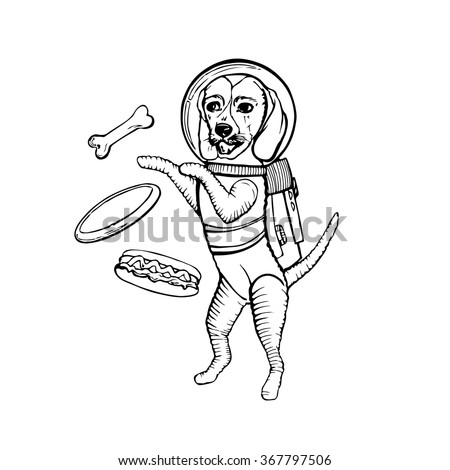 Cartoon dog in space with food and frisbee on doodle style. Floating in space. Vector illustration on white background.