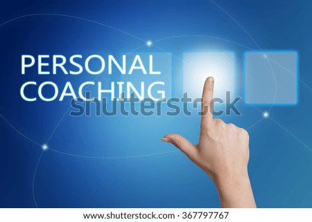 Personal Coaching - hand pressing button on interface with blue background.