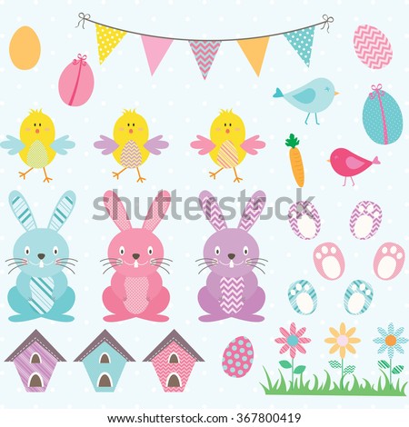 Easter Bunny Chicks Collections.Bunting Banner,Easter Eggs,Flower,Bird House.