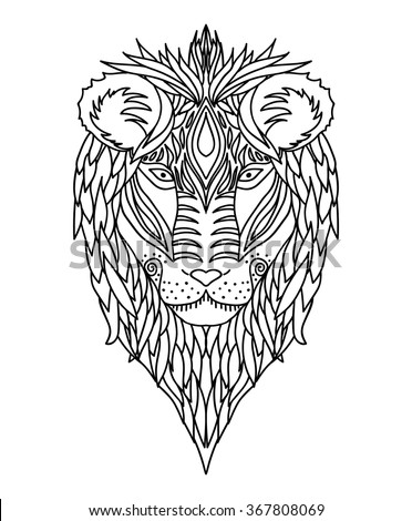 Black and white ornament of the face of the African wild king of beasts lion design ornamental lace. Page for adult coloring books. Hand drawn ink pattern. Vector illustration