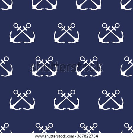 Navy vector seamless patterns with white crossed anchors on dark blue background. Cute nautical background.