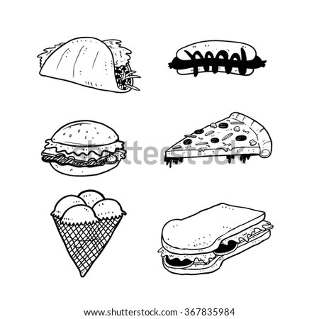 set of foods doodle in various pose isolated on white background