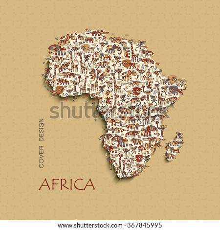Isolated vector map of Africa with wild animals savanna. Funny colorful lion, elephant, giraffe, croc, hippo, rhino, ostrich, monkey. Hand-drawn design elements. Abstract form for your project.