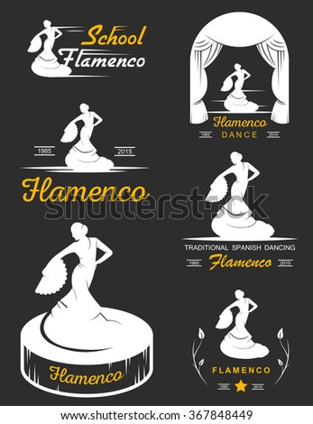 Set of vector logos, badges and silhouettes Flamenco. Collection emblems of traditional Spanish dance, signs school, clubs, shops and studios flamenco.