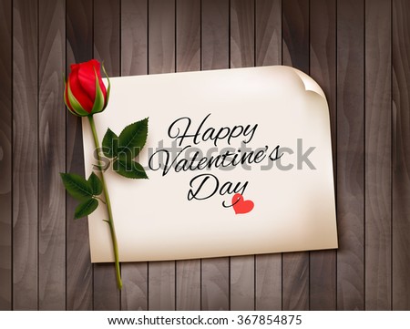Happy Valentine's Day background with a note on a wooden wall and a red rose. Vector.