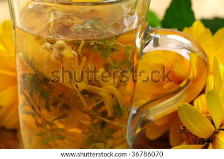 Closeup freshly infused cup of herbal tea. Healing drink