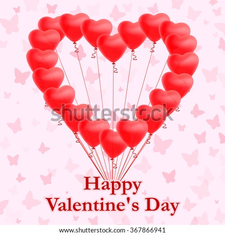 Red heart shaped balloons on pink background with butterflies. Greeting card. Vector illustration.