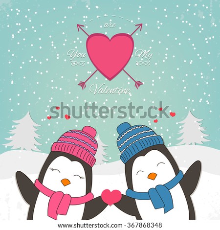 Happy Valentines Day card with cute penguin couple. Vector illustration